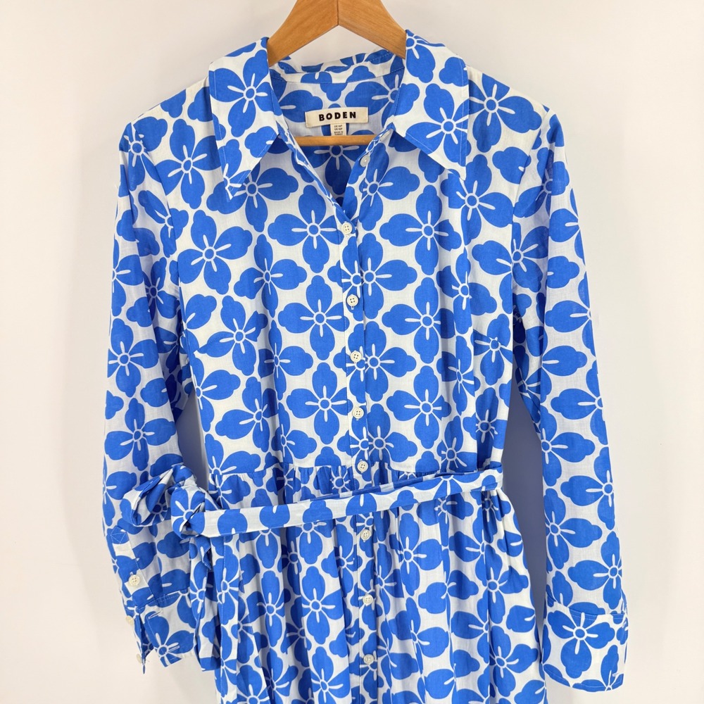 Boden Shirt Dress Blue Size 10P Floral Cotton Tiered Midi Belted Pockets - Picture 5 of 10